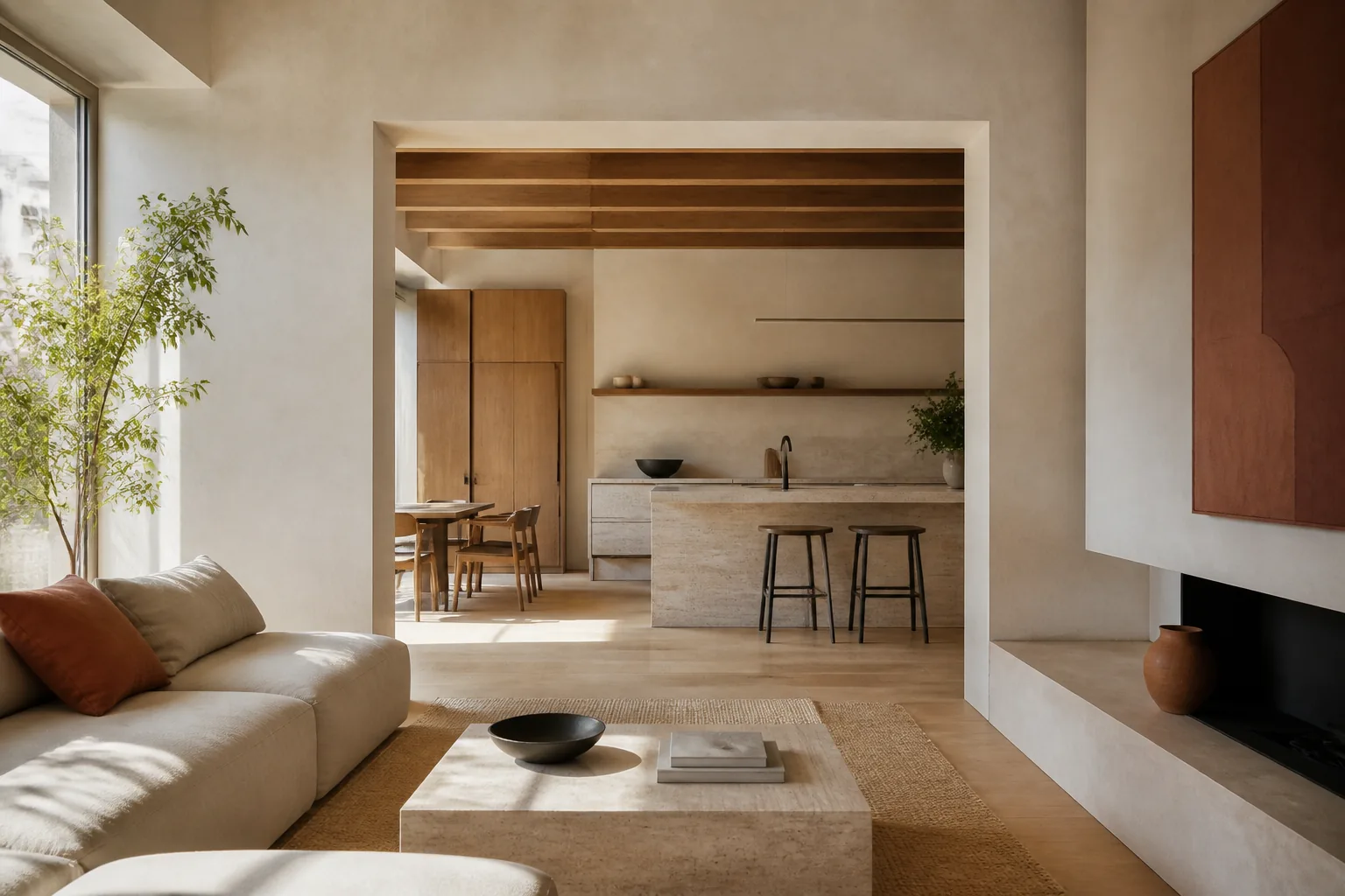 Interno residenziale ristrutturato con soggiorno e cucina