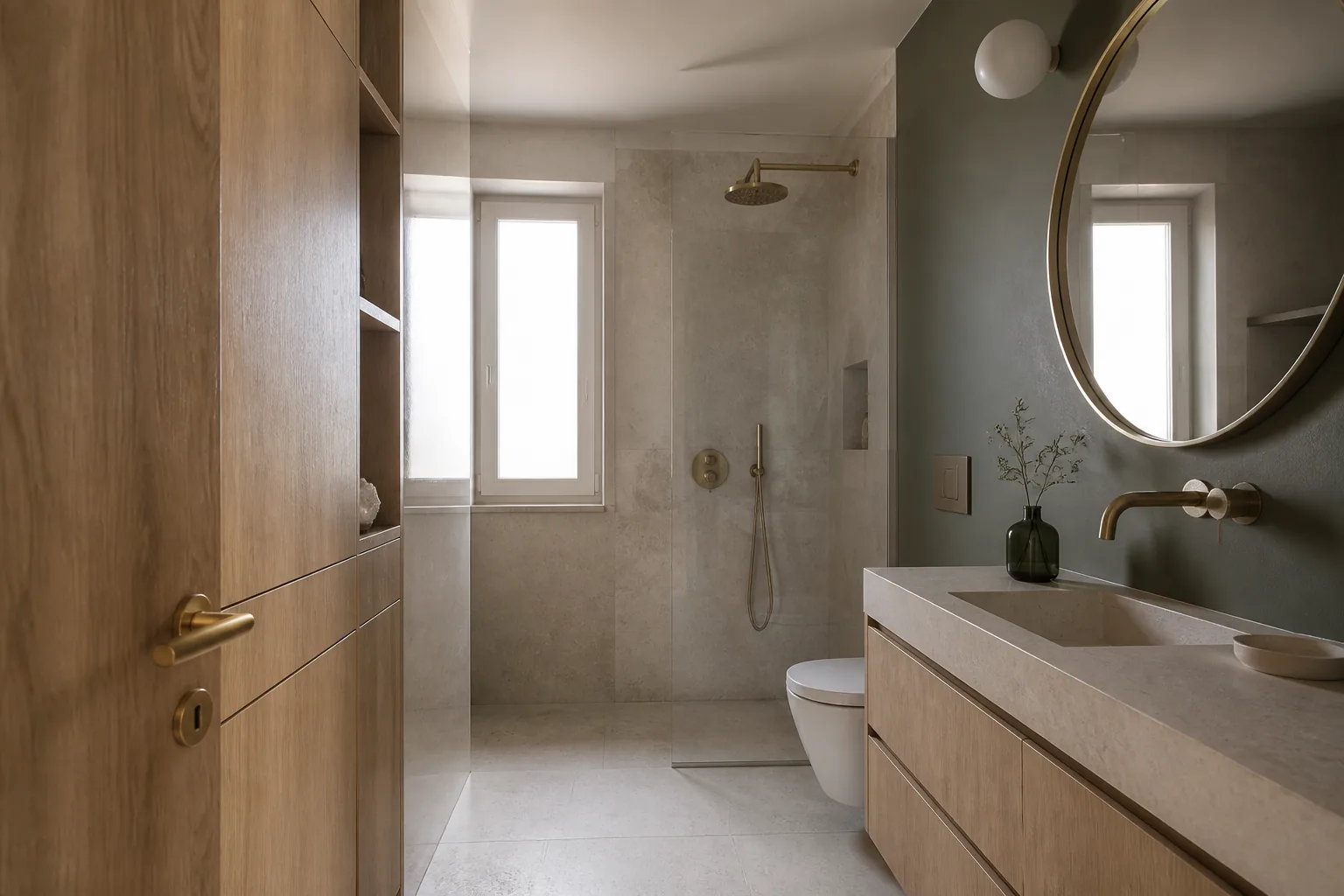 Bagno contemporaneo con pietra e legno