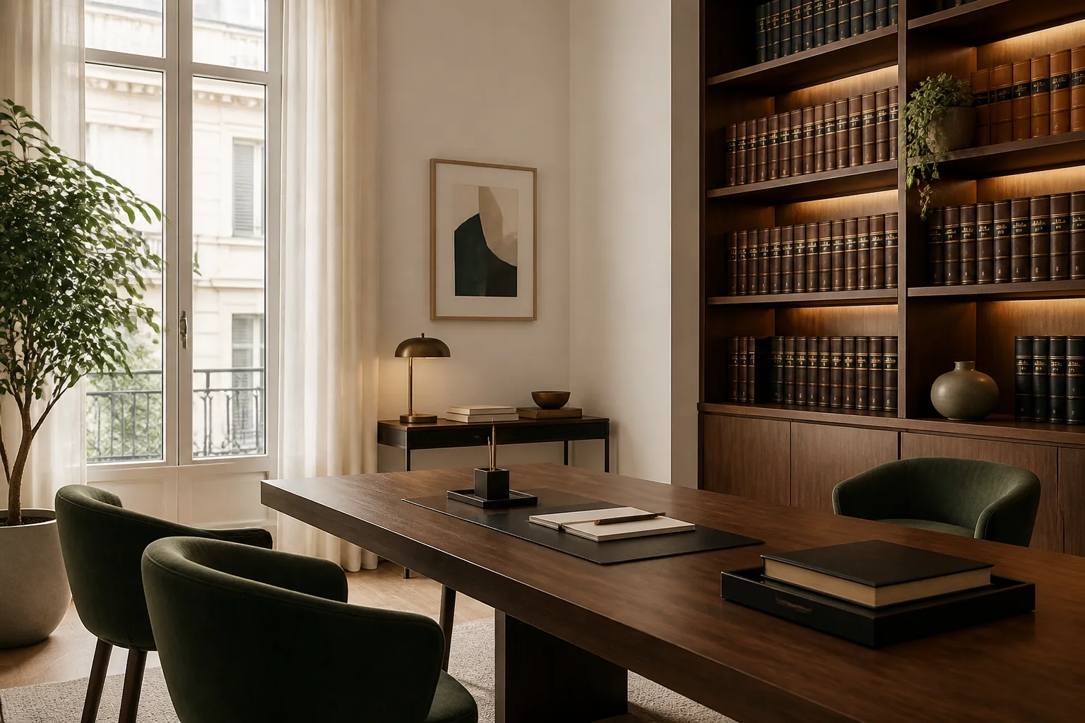 Sala riunioni di uno studio legale con libreria e tavolo in legno