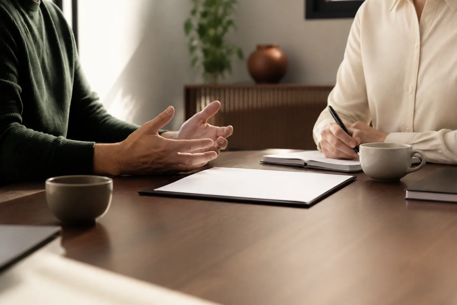 Colloquio in ufficio con documenti senza testo leggibile