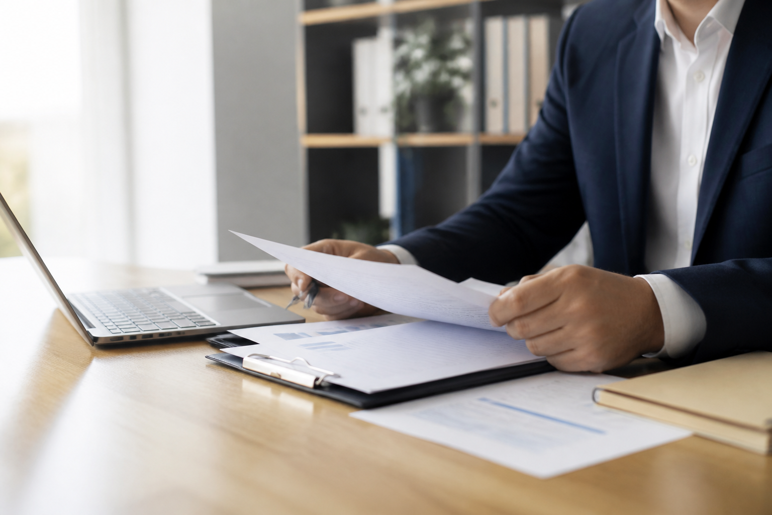 Professionista che esamina documenti in un ufficio ordinato