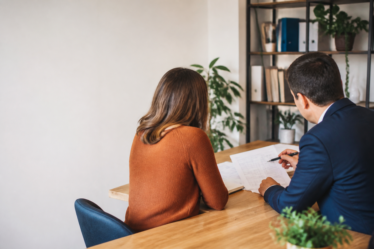 Consulente del lavoro che esamina documenti con una titolare