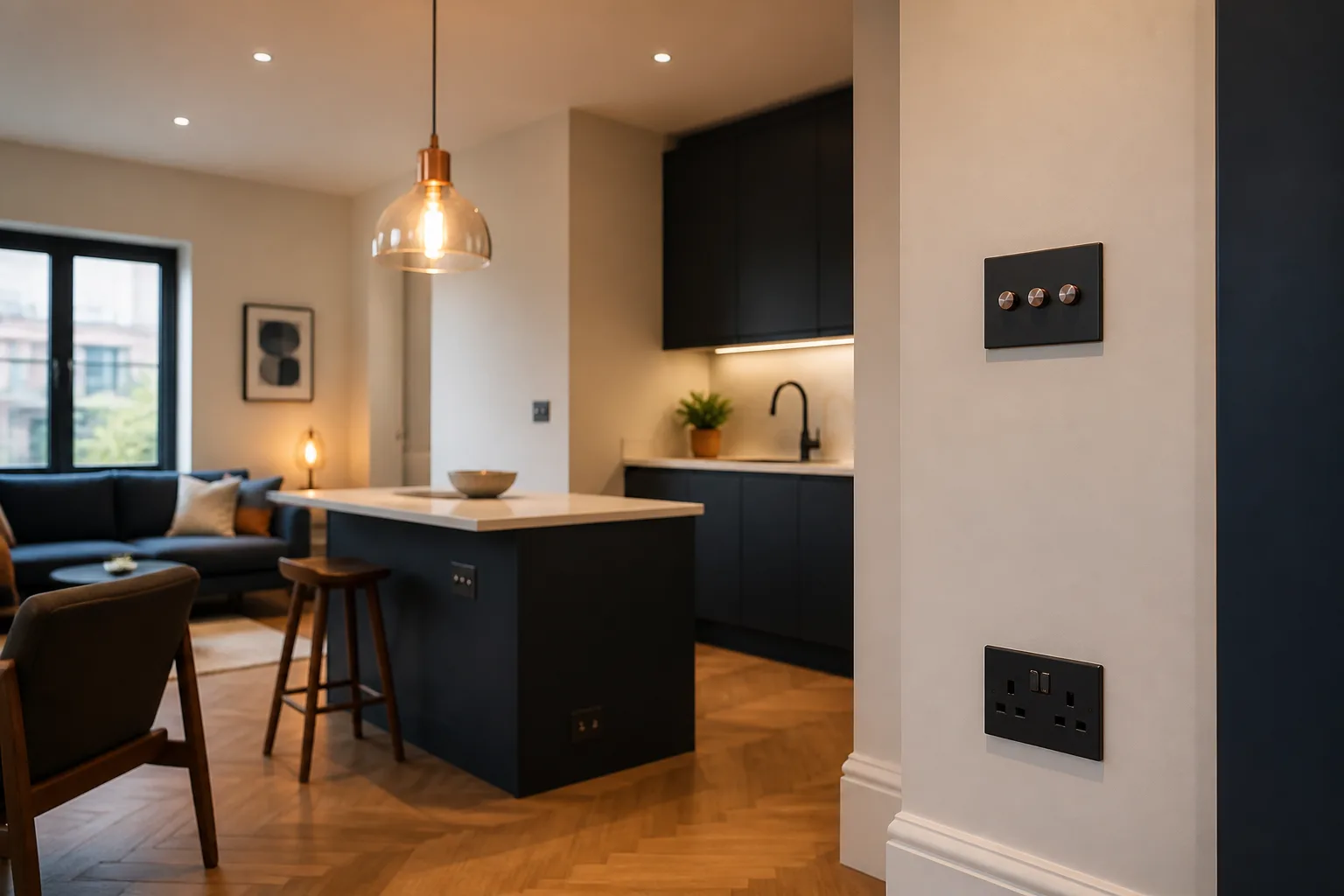 Ambiente domestico con illuminazione, prese e interruttori rifiniti