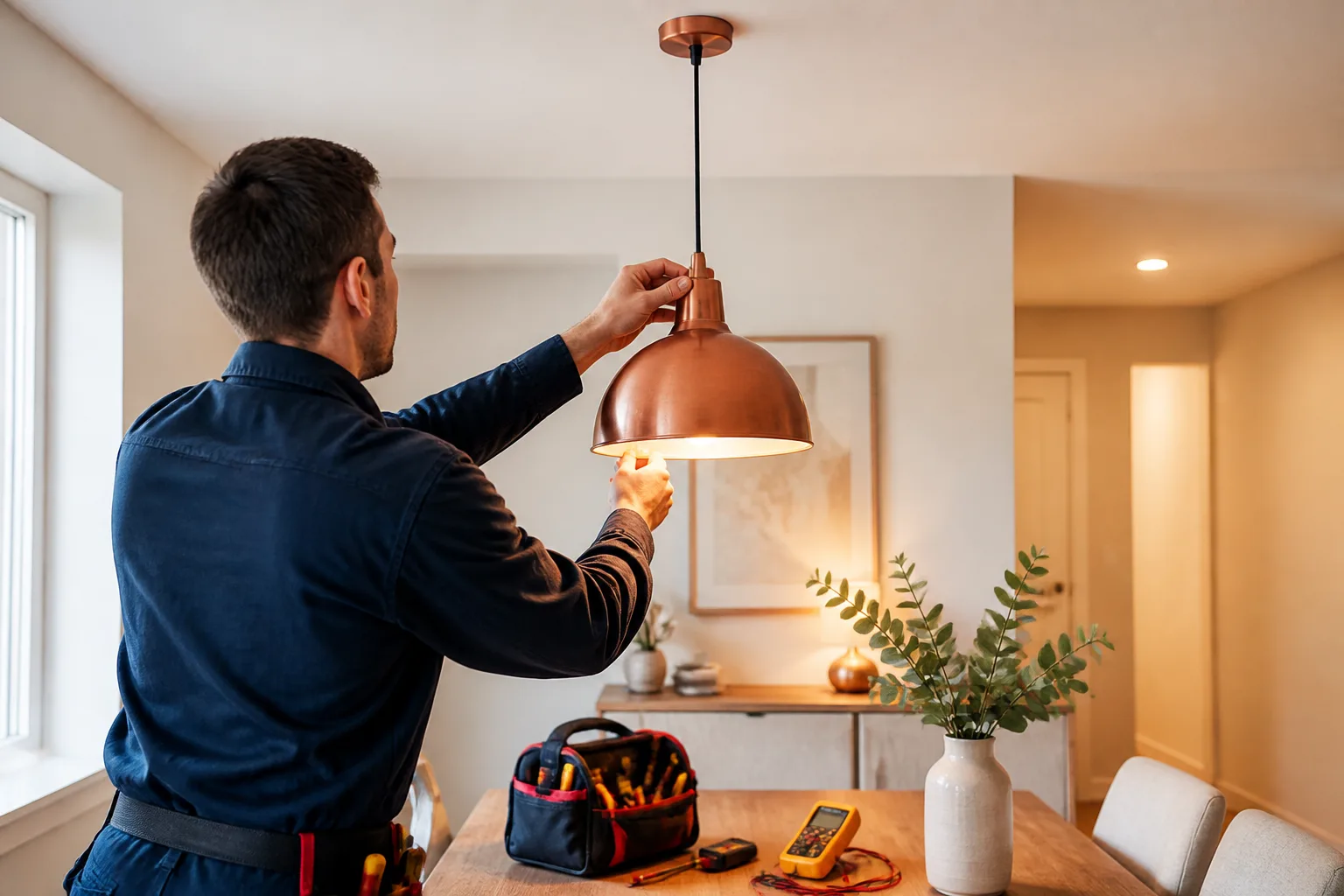 Installazione di una lampada a sospensione in una sala da pranzo