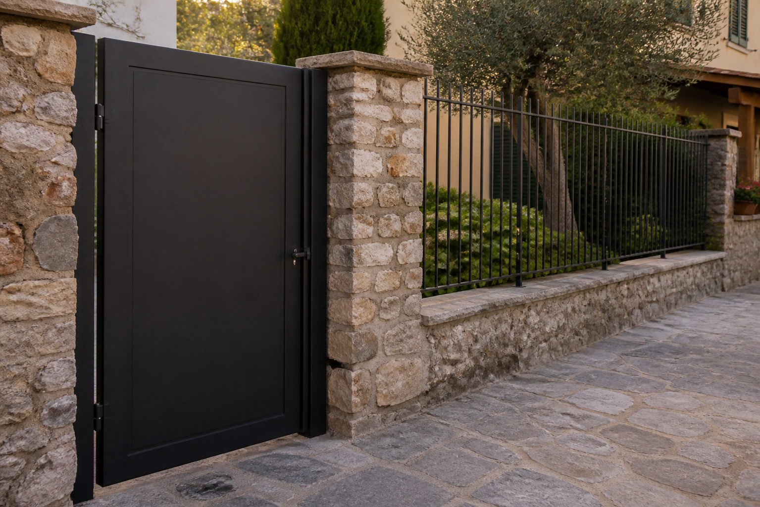 Cancello in metallo posato all'ingresso di un cortile residenziale