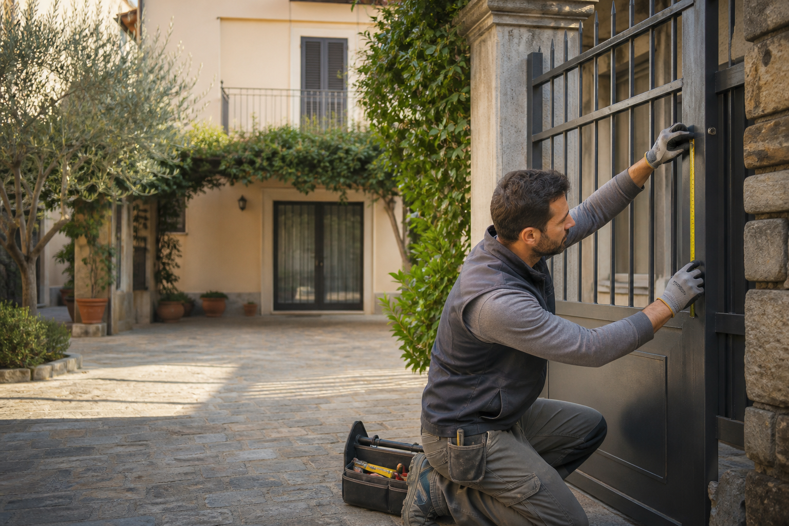 Artigiano che misura un cancello in ferro all’ingresso di un cortile