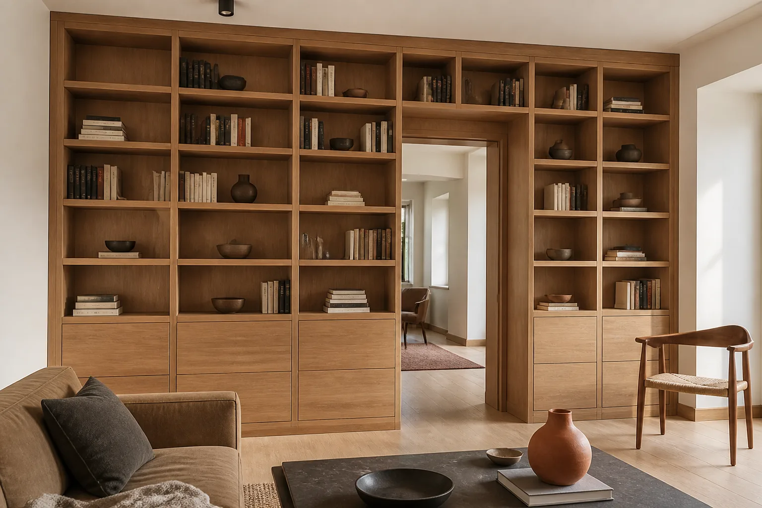 Libreria in legno su misura integrata in un soggiorno