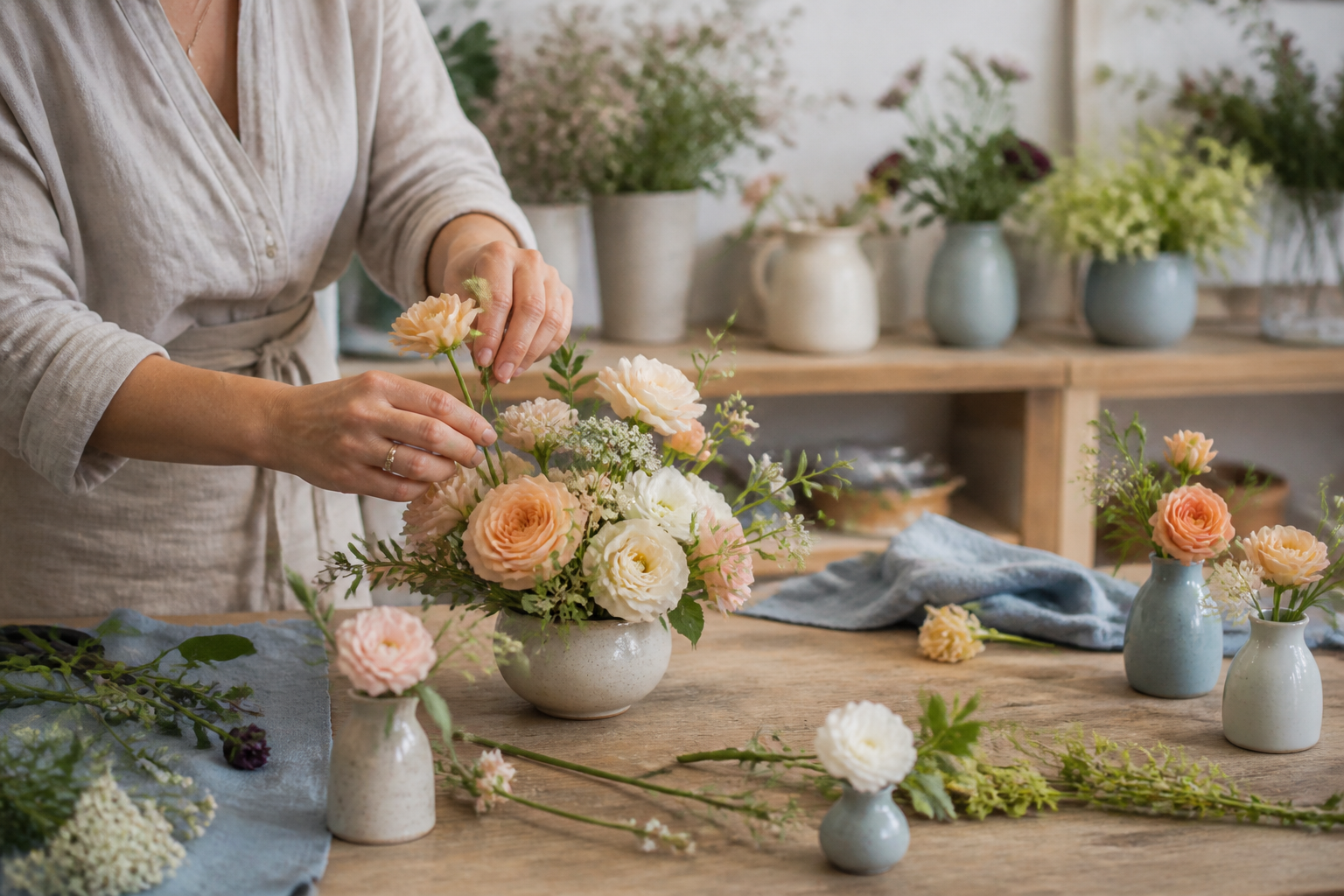 Fiorista che seleziona fiori e foglie in laboratorio