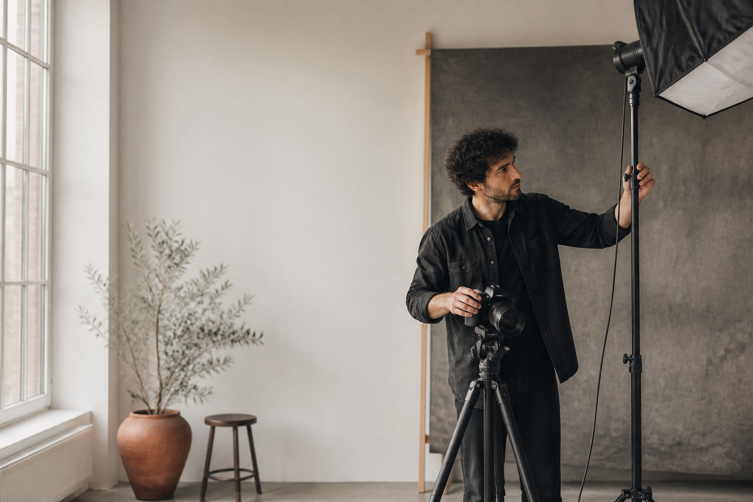 Fotografo che prepara una macchina fotografica e una luce in studio