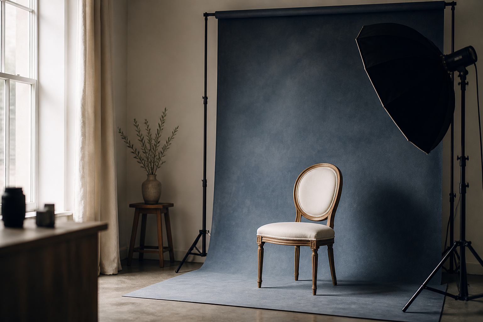 Set per un ritratto con sedia, fondale e luce da studio