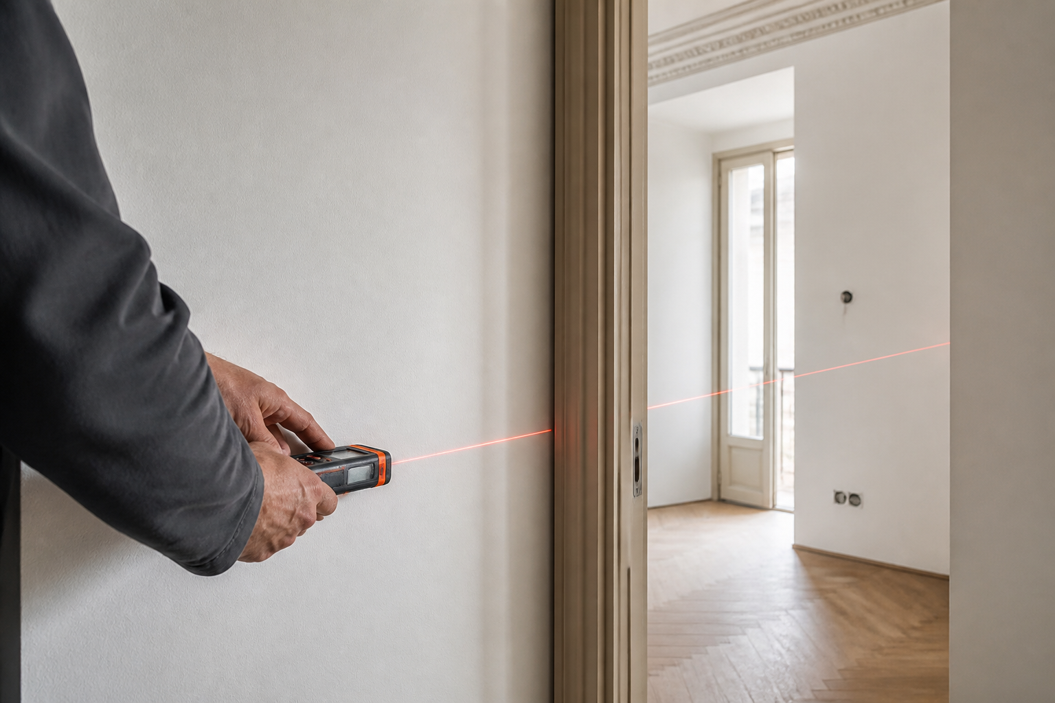 Strumento laser usato per verificare una parete e una porta interna