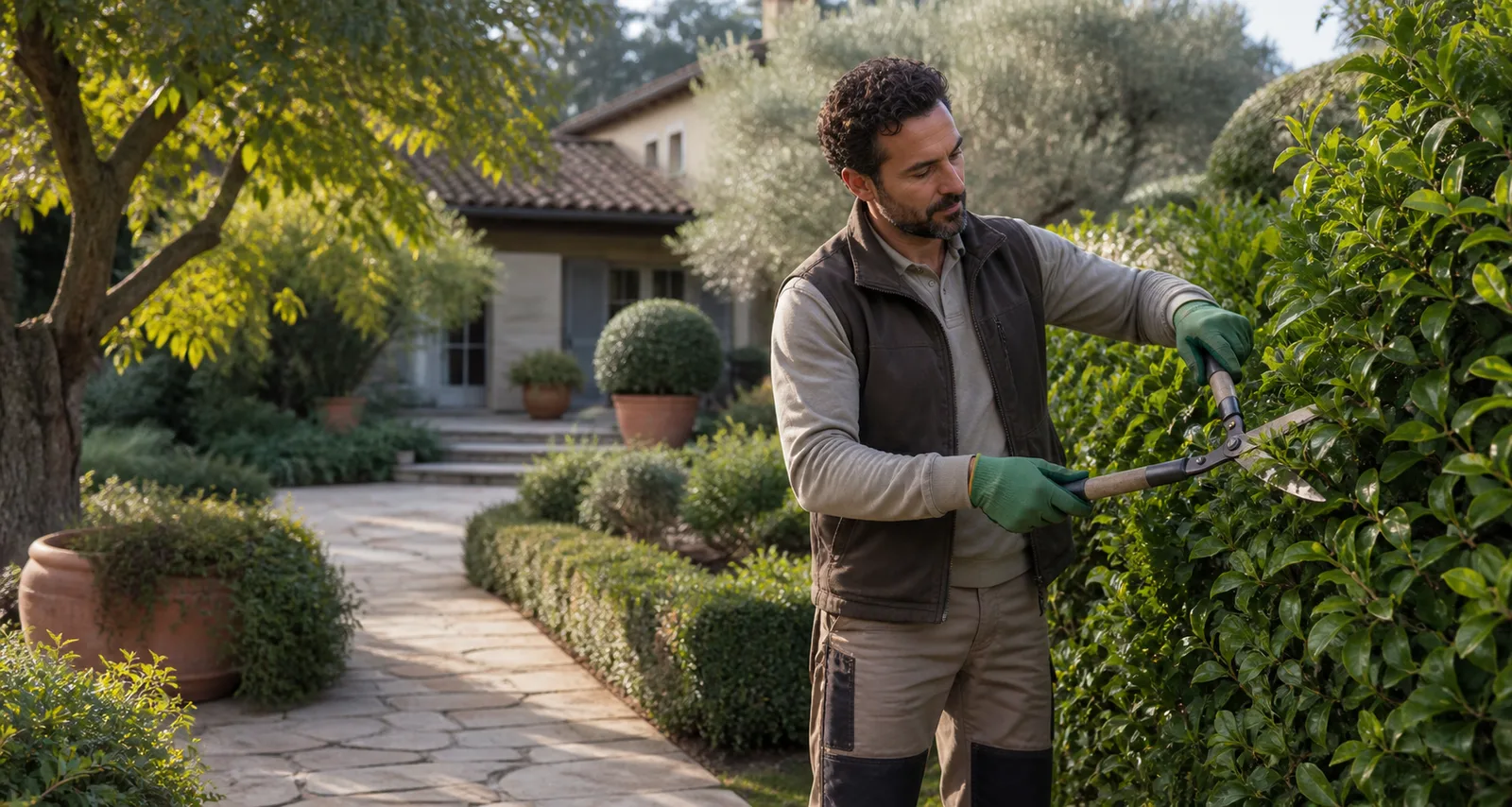 Giardiniere al lavoro in un giardino
