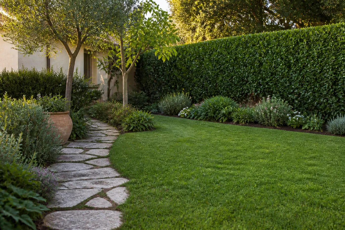 Giardino residenziale curato con prato, siepe e bordure