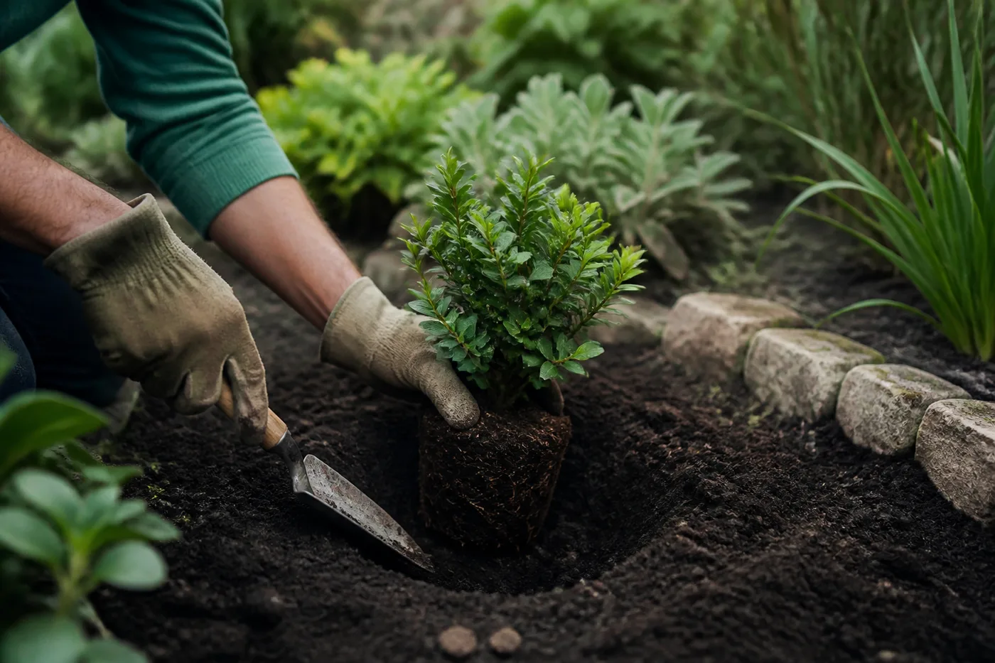 Giardiniere mentre mette a dimora una pianta in una bordura