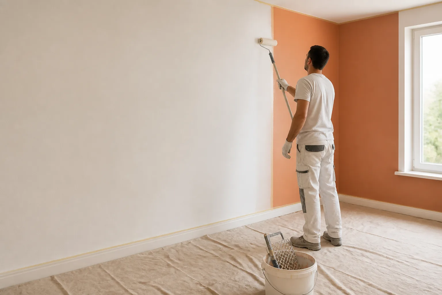 Imbianchino al lavoro in un ambiente interno