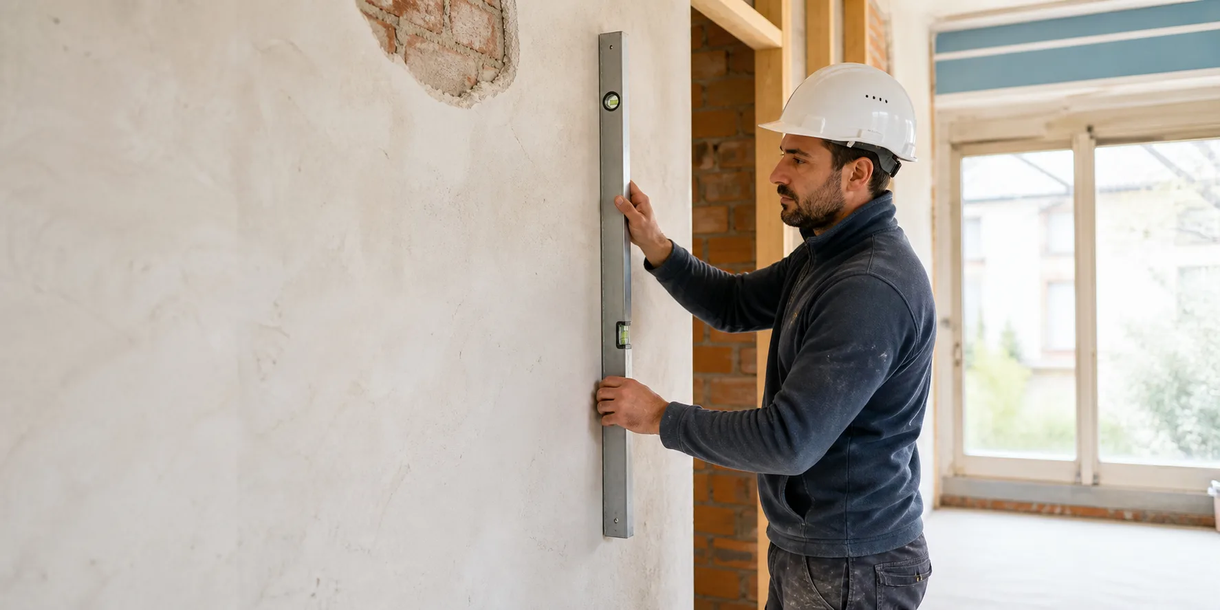 Operaio con casco che controlla una parete durante una ristrutturazione