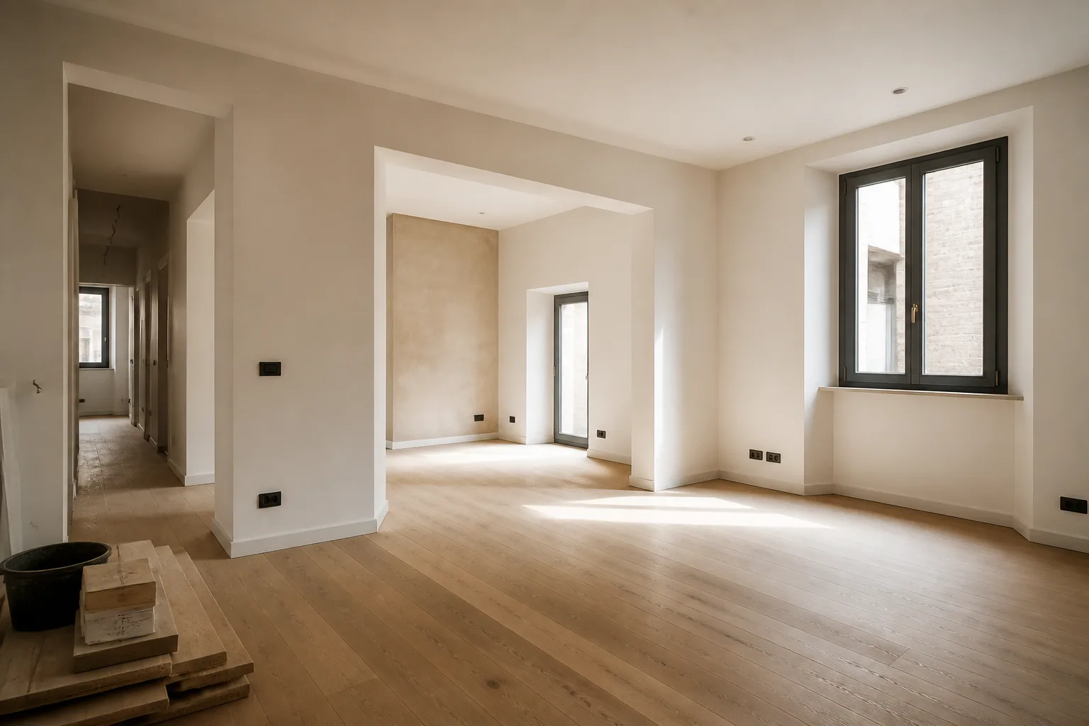Interno rinnovato con pareti chiare e pavimento in legno