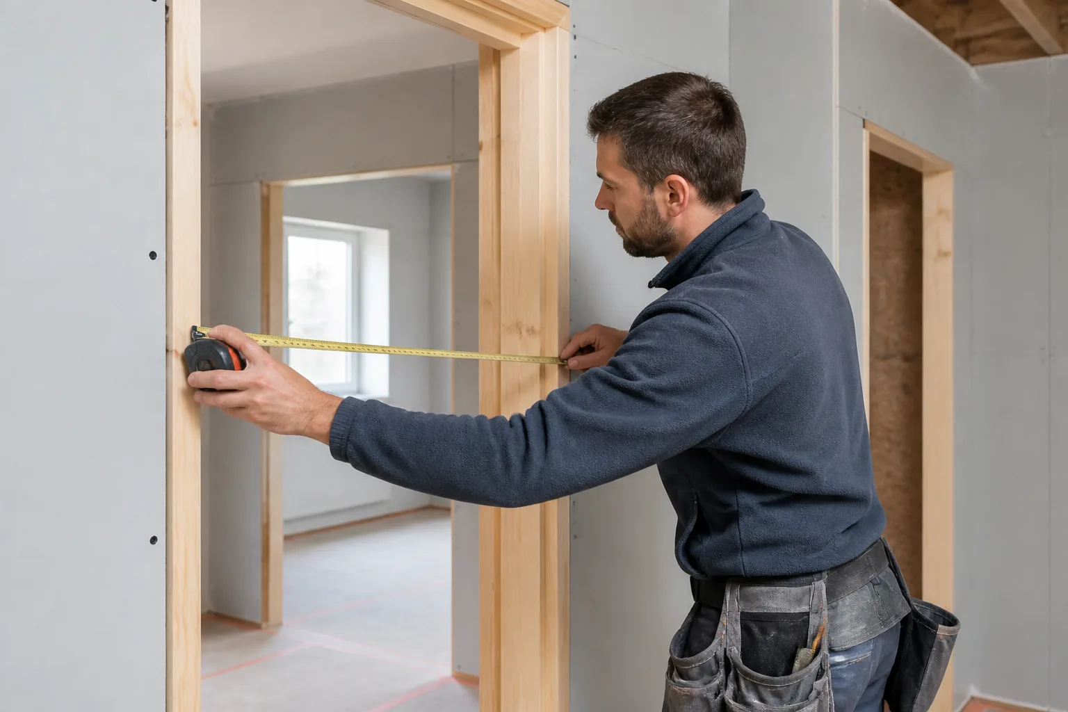 Operaio che misura un telaio per una porta interna