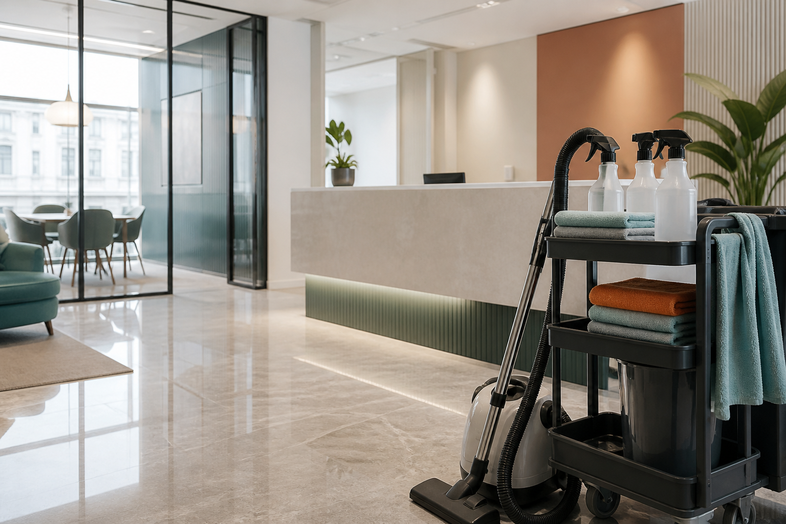 Carrello con attrezzatura per la pulizia in una reception