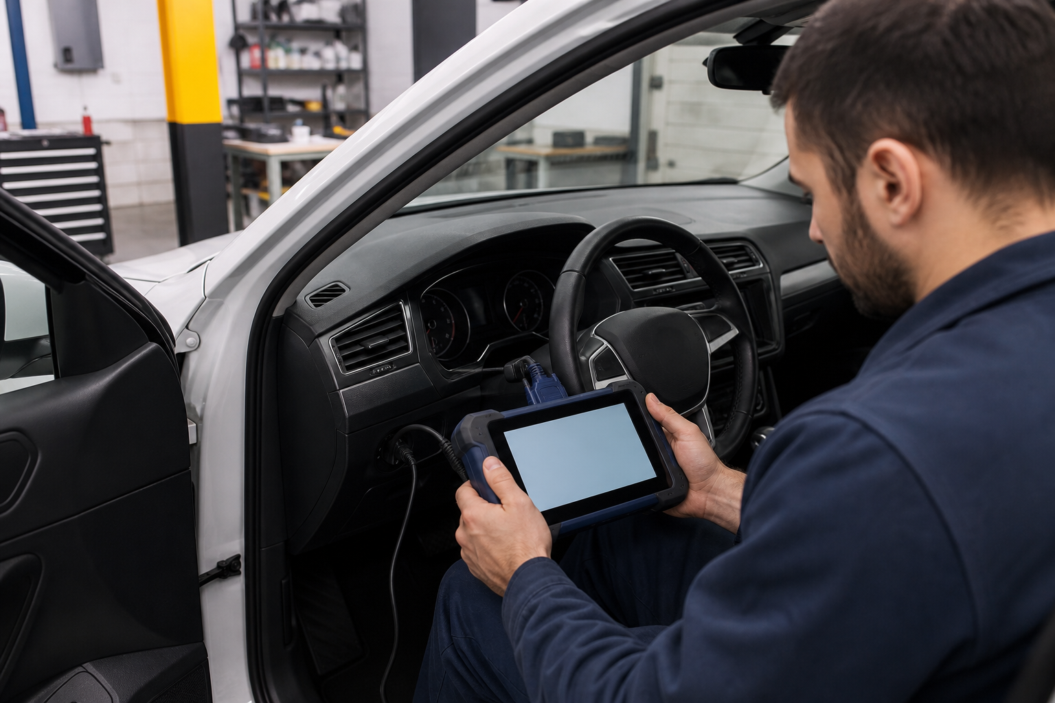 Meccanico che usa uno strumento diagnostico accanto a un'auto
