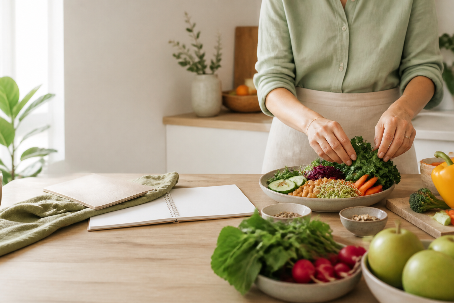 Ingredienti stagionali e appunti senza testo leggibile in una cucina luminosa