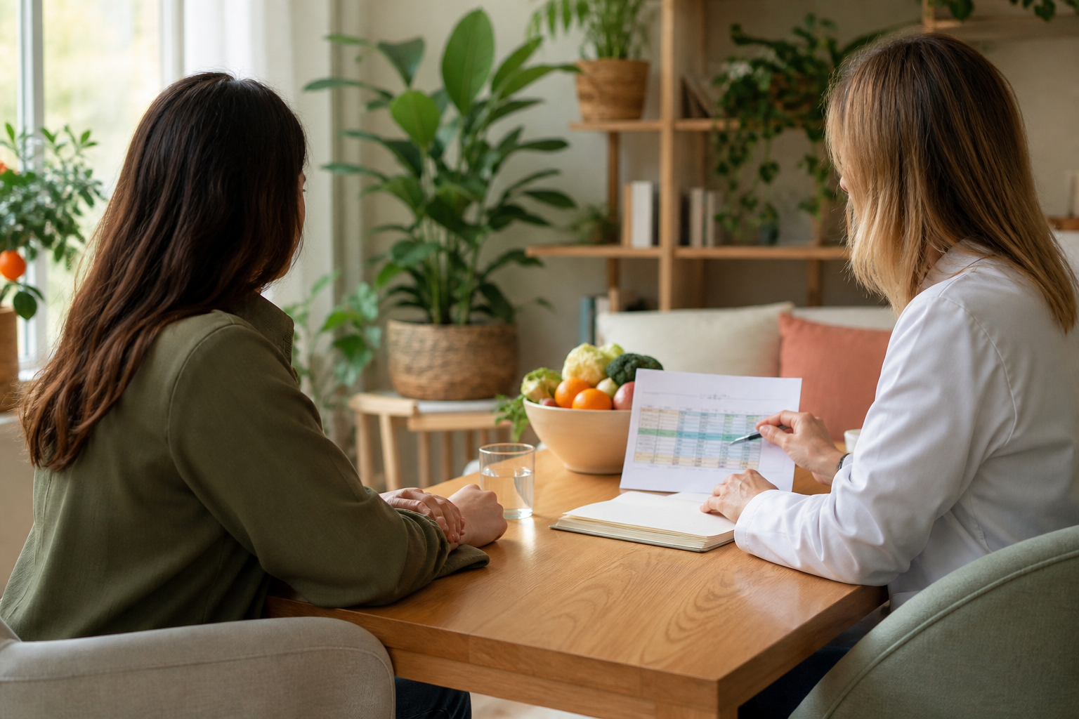 Piatto e ingredienti organizzati durante una consulenza alimentare