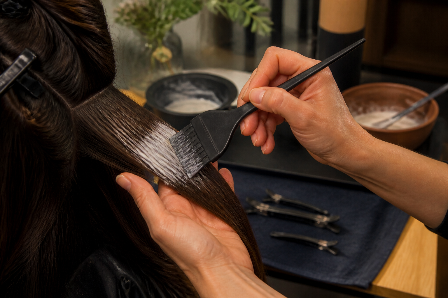 Applicazione del colore su una ciocca di capelli in salone