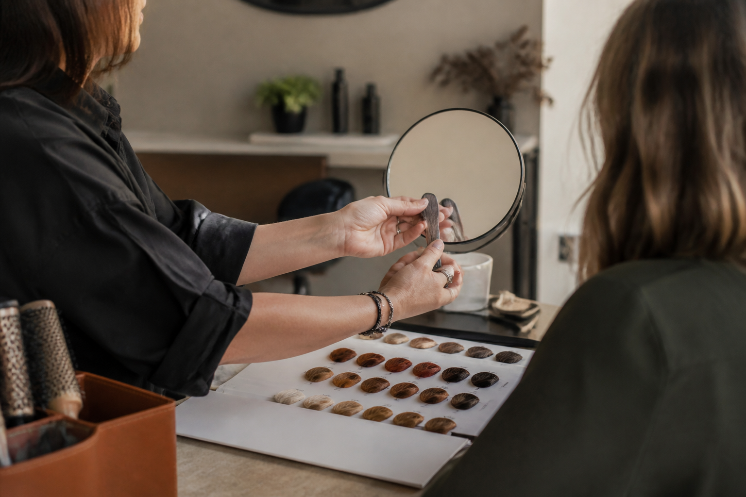 Consulenza sul colore con ciocche campione e specchio in salone