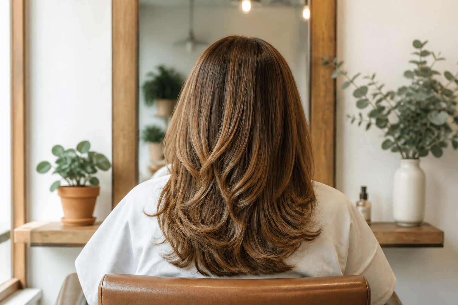 Capelli lunghi con taglio e movimento visti da dietro in un salone