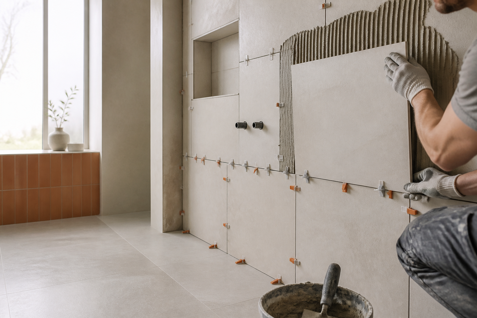 Posa di piastrelle di grande formato in un bagno in ristrutturazione