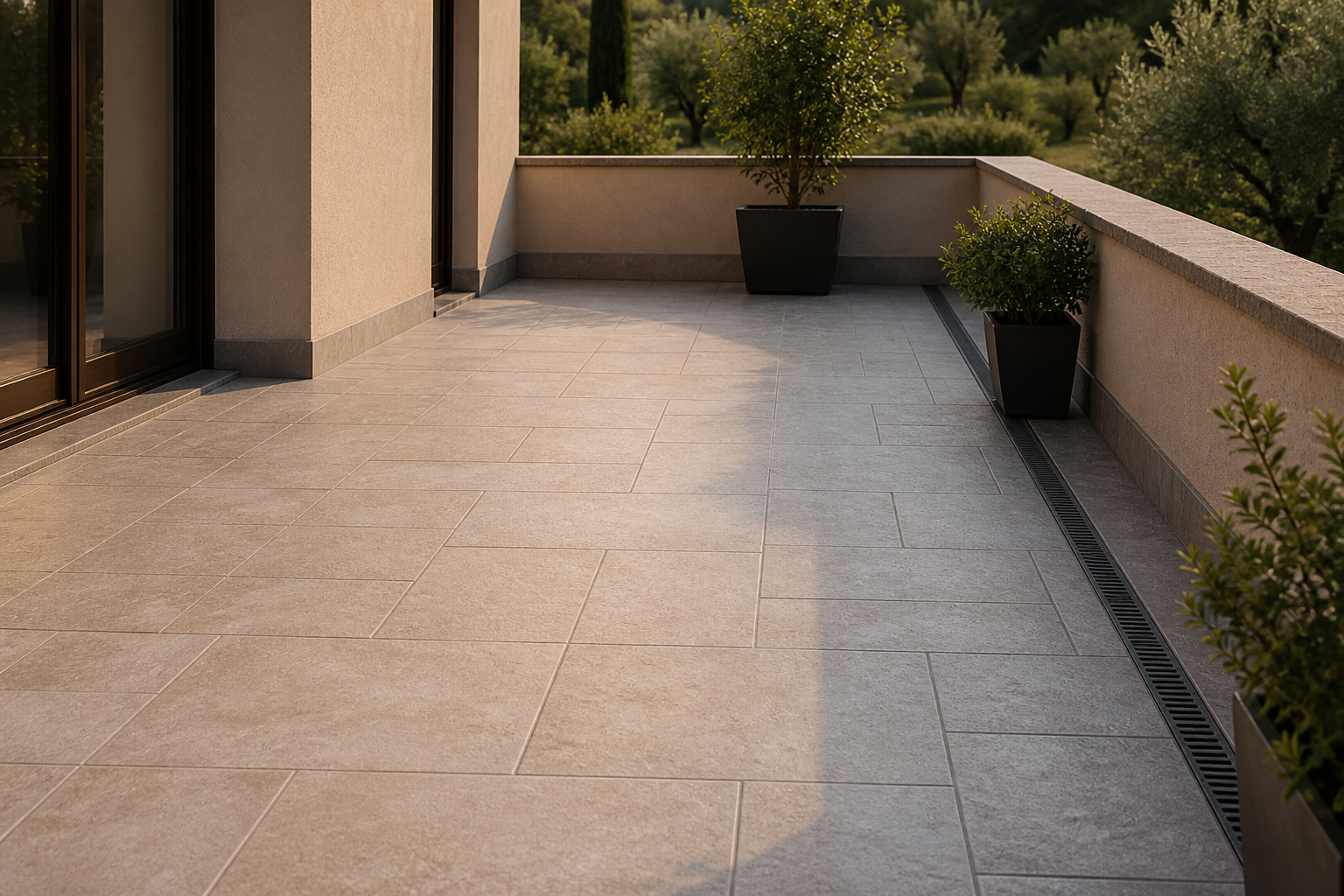 Terrazzo finito con piastrelle effetto pietra e fughe regolari