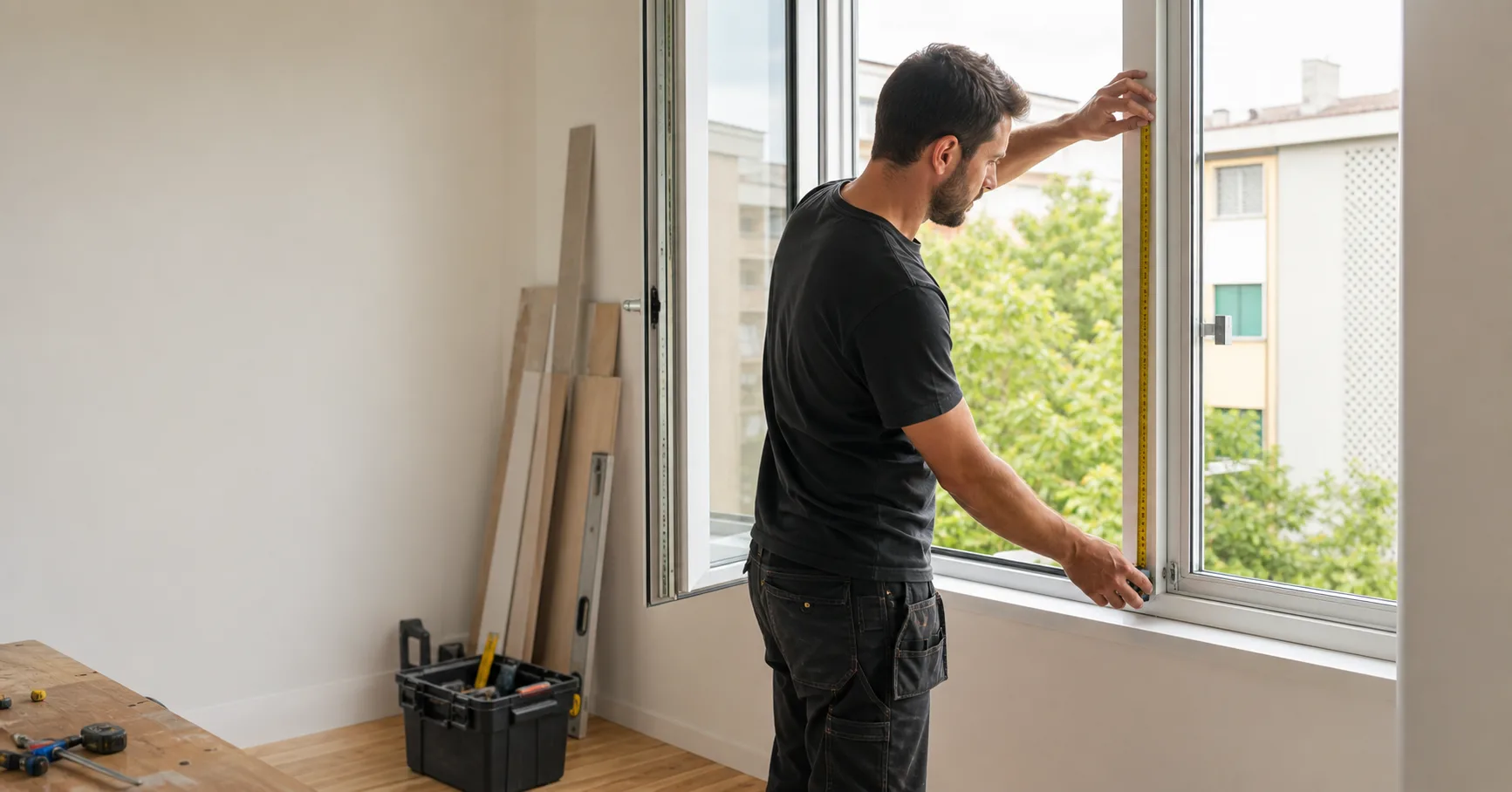 Installatore che misura una finestra in un appartamento