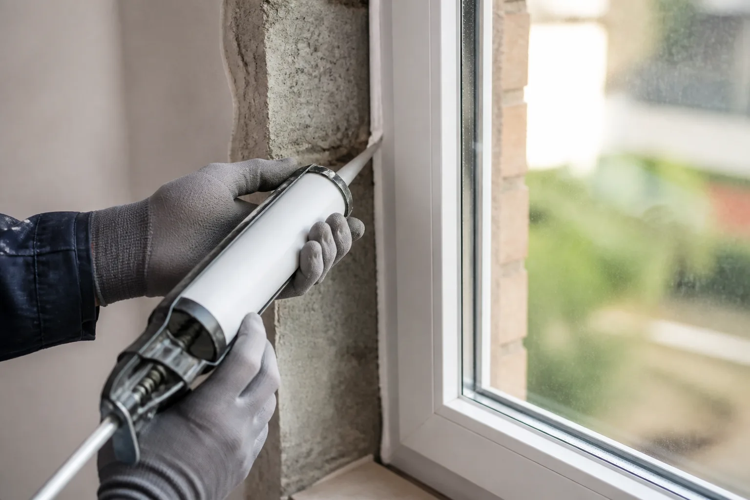 Installatore che sigilla il bordo di una finestra