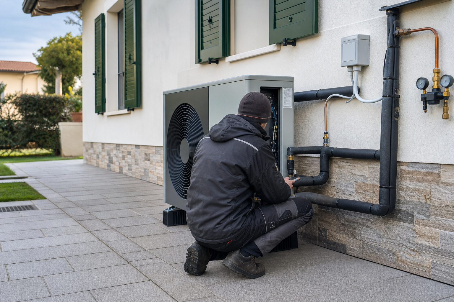 Tecnico che controlla una pompa di calore esterna
