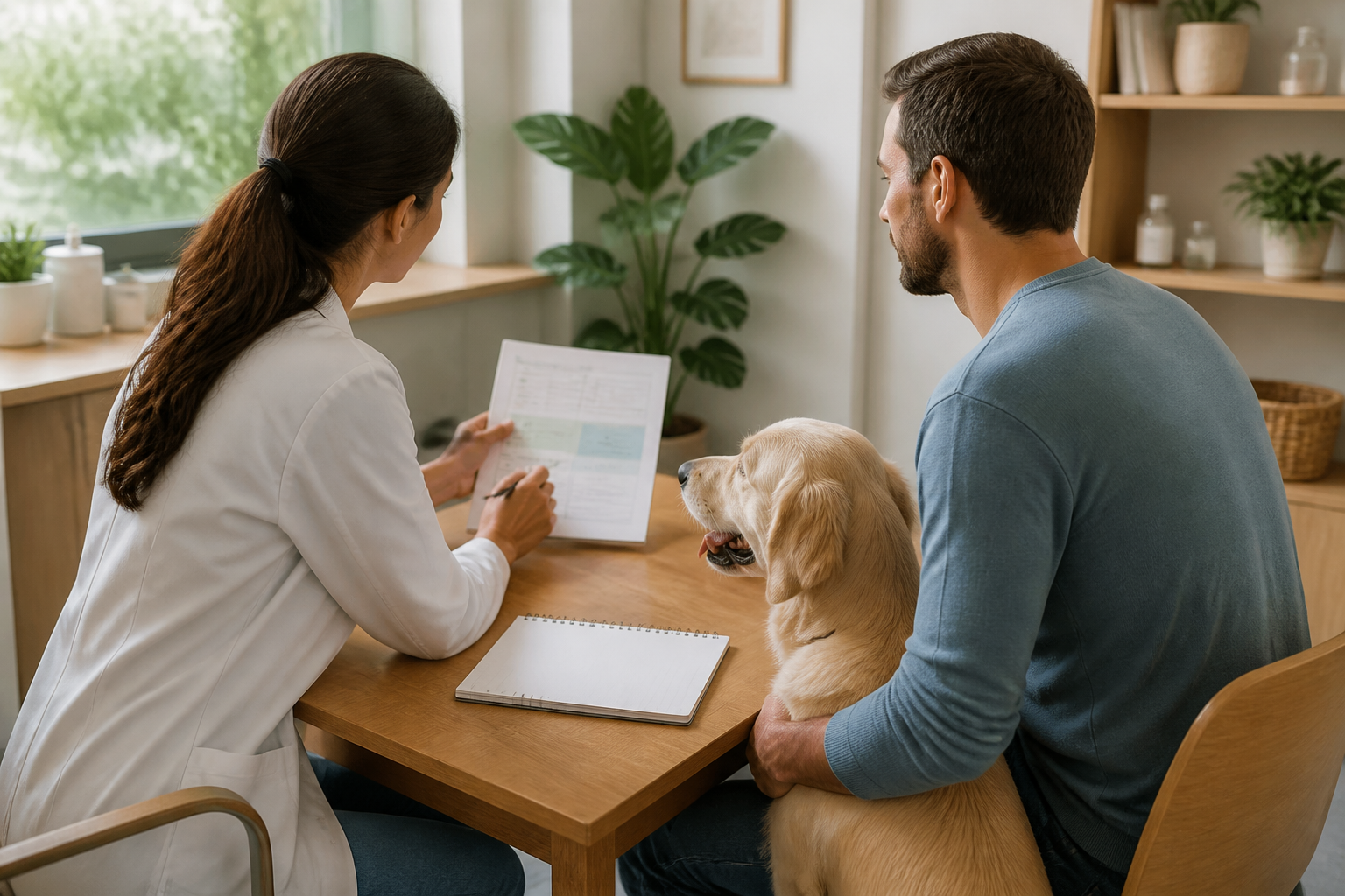 Veterinario e proprietario che parlano della cura di un cane