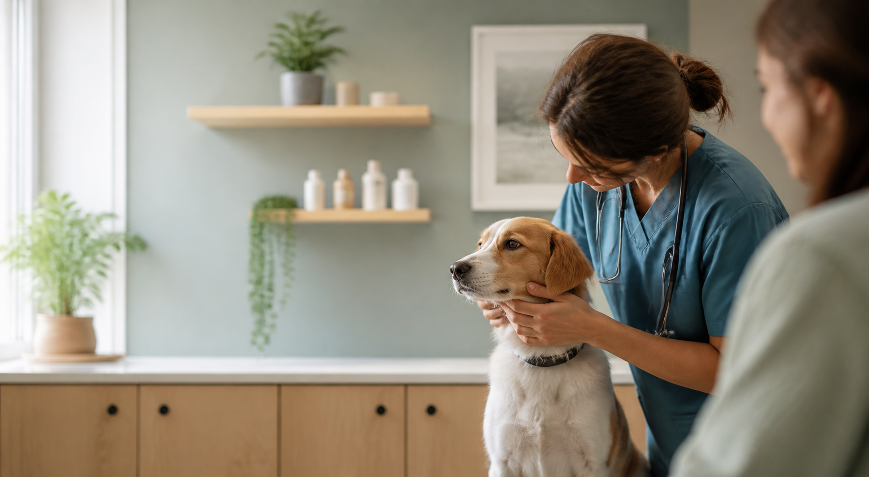 Veterinario che visita un cane in un ambiente luminoso